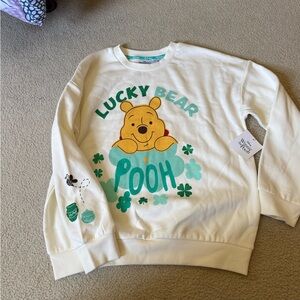 Lucky Bear Pooh Sweatshirt - White with Teal & Yellow Graphic